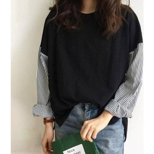 Korean Fashion Striped Patchwork Long Sleeve T Shirt Women Spring Autumn Preppy Style Oversized Top Female Loose Casual Tshirts