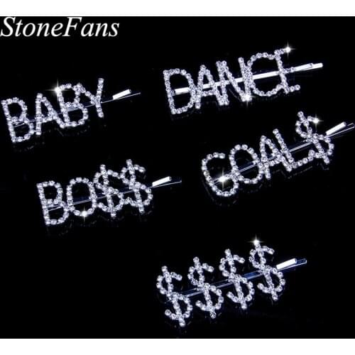 Stonefans Ins Fashion Letter Hairpins Rhinestone for Hair Women Personality Money Crystal Bobby Pin Hair Clip Jewelry