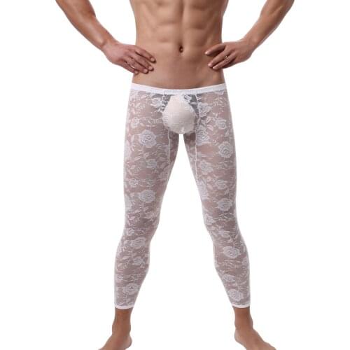 Men Long Pants Sexy Lace Transparent Printd Sexy Gay Underwear Men Tight Legging Long Johns Skinny Fitness Riding Sleep Bottoms