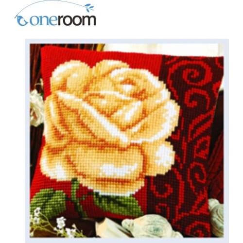 N3th CX0110 Gold Flower DIY Acrylic Yarn Embroidery Pillow Tapestry Canvas Cushion Front Cross Stitch Pillowcase