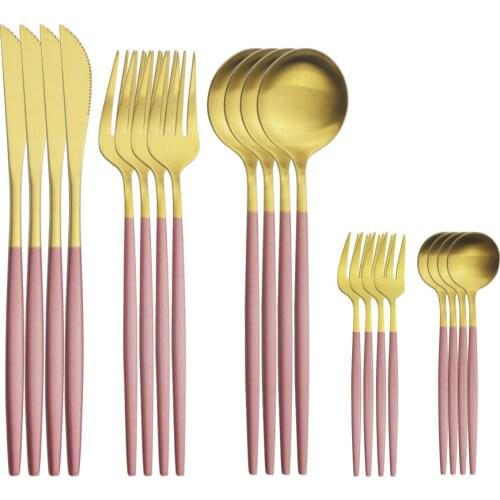 4set Dinnerware Pink Gold Matte Flatware Cutlery Set Stainless Steel Fork Teaspoon Knives Silverware Kitchen Home Tableware Gift
