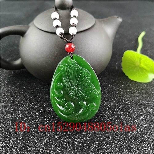Natural Green Chinese Hetian Jade Butterfly Pendant Necklace Fashion Charm Jadeite Jewelry Carved Amulet Gifts for Women Men