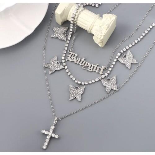Punk Multilayer Crystal Rhinestone Butterfly Tennis Choker Necklace Women Shiny Cross Babygirl Letter Pendant Necklaces Jewelry