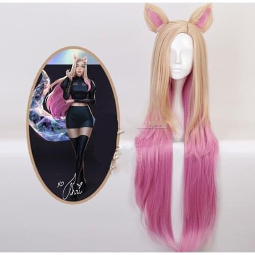 Game LOL KDA Baddest Ahri Cosplay Wig Blonde Mixed Pink Wigs With Ears League Of Legends Cosplay Halloween Wig For Women CS422