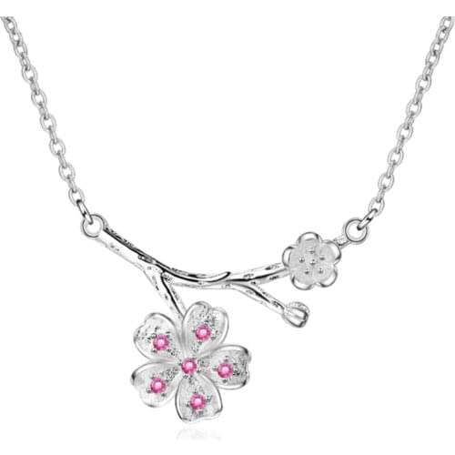 Simple and versatile personality temperament fashion trend crystal pink cherry branch short silver plated necklaces SE031