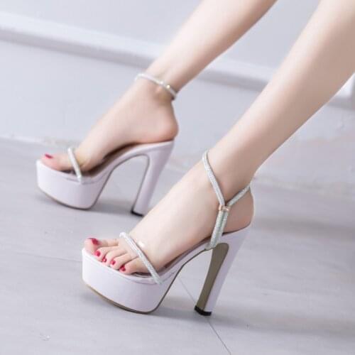 Summer New Fashion Ladies Sandals Super High Heels 12CM Sexy Rhinestone Fish Mouth Shoelace Waterproof Platform