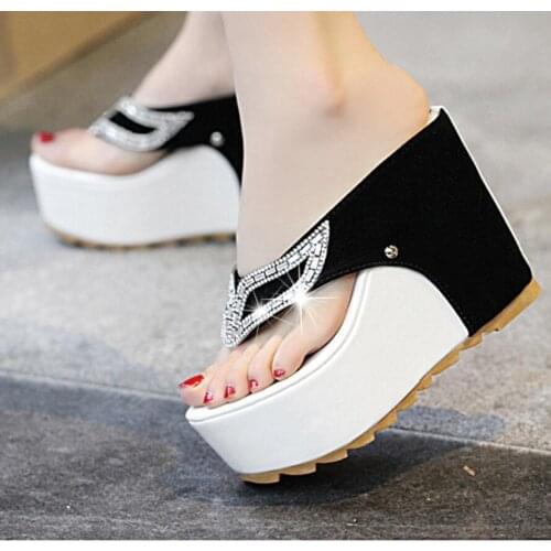 Sexy Women Sandals Rhinestone Summer Shake Thick Bottom Womens Sandals Cake Lace Sandals Wedges Beach Students Black Shoes