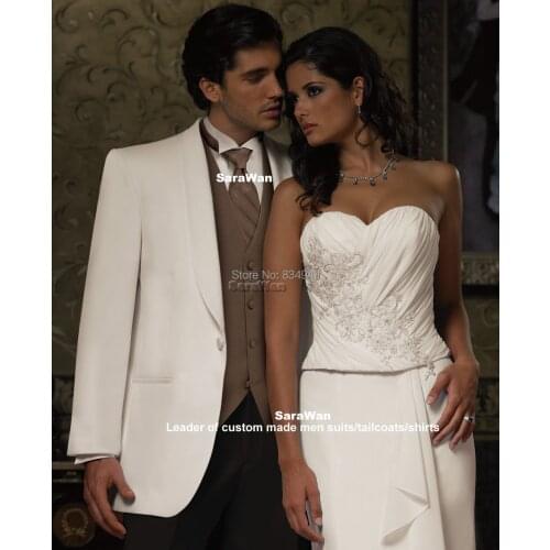 Custom Made Groom Tuxedo, Bespoke White Jakcet with Chocolate vest / waistcoat and Black Pants, Tailor Made Wedding Suit for men