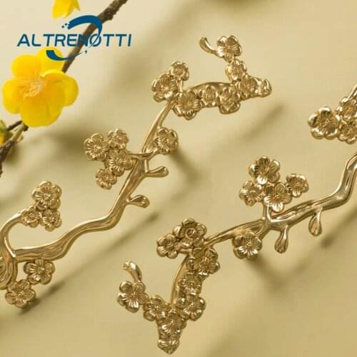 Vintage Furniture Handle Plum Blossom Chinese Style Brass Gold Cabinet Kitchen Door Pull Wardrobe Cupboard Luxury Knob Hardware