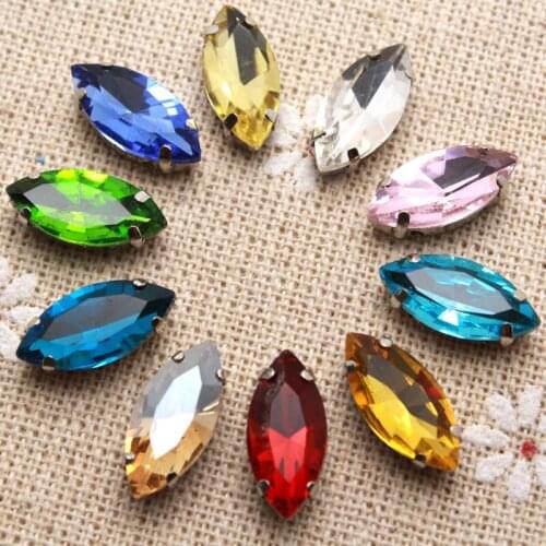 50pcs 9x18mm Crystal Colorful Navette Sew On Rhinestone With Claw Setting Silver Back Fancy Stone With Metal Claw With Holes