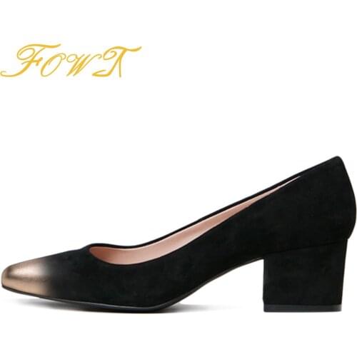 Mature Square Toe Med Block Heel Pumps Women Slip On Autumn Comfy Suede Leather Zapatos Mujer Lady Office Work Shoes Size 15 16