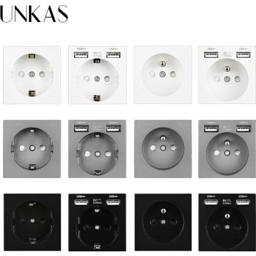 UNKAS B8 Modules DIY Free Combination New EU / French 16A Wall Power Socket Dual USB Charger Port Hidden Soft LED Outlet