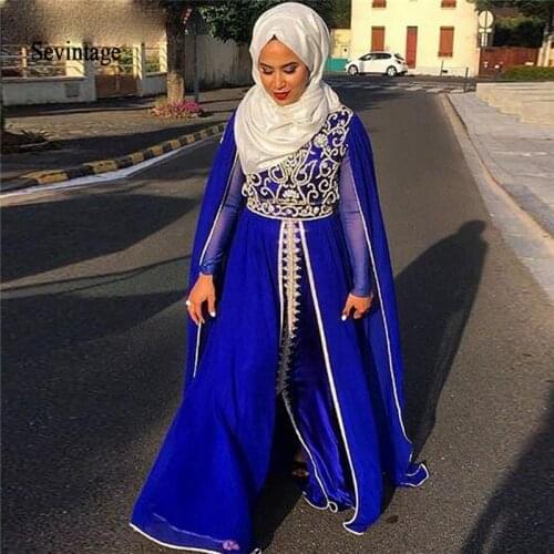 Sevintage Royal Blue Muslim Evening Dresses Long Sleeves Moroccan Kaftan Lace Appliques Saudi Arabic Prom Gowns Vestidos De Gala