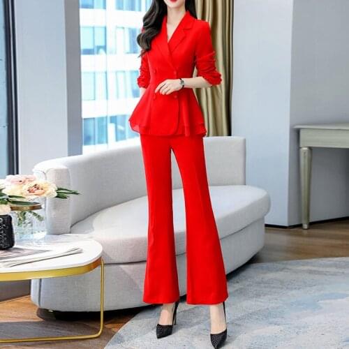 Spring Women Pant Suit Double Breasted Notched Ruffle Blazer Jacket & Flare Pant Casual Office Wear Women Suits Female Sets