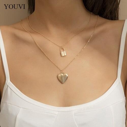 YOUVI 2Pcs/Set Fashion Vintage Heart Lock Pendant Necklace Boho Simple Dainty Thin Women Neck Chain Necklaces Choker Jewelry