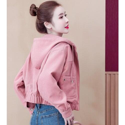 Women Short Corduroy Baseball Jacket Korean Loose Hooded Coat 2021 Spring Autumn Thin Outerwear Loose Clothing Female Tops H1335