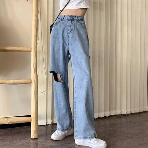 Woman Jeans Ripped High Waist Clothes Wide Leg Denim Clothing Streetwear Vintage Quality Harajuku Straight Pants