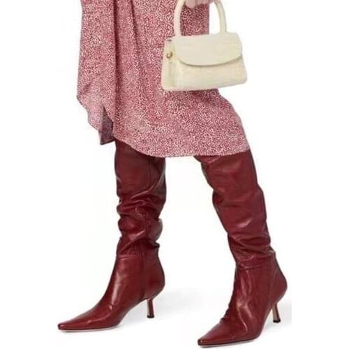 Burgundy Knee High Boots Women Elastic Band Medium Thin Heel Runway Winter Autumn Leather Boots Sexy Pointed Toe Shoes