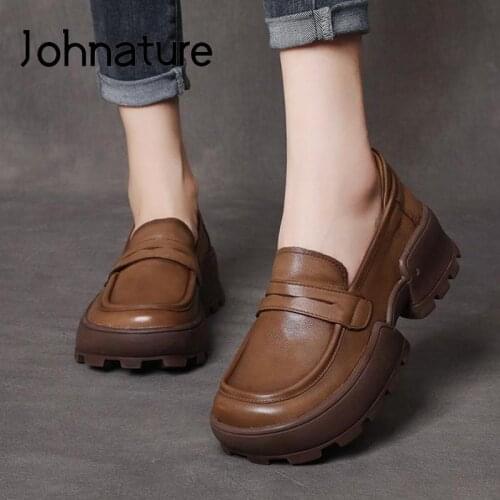 Johnature Retro Pumps Women Shoes Genuine Leather Round Toe 2021 New Autumn Casual Sewing Handmade Leisure Concise Ladies Shoes