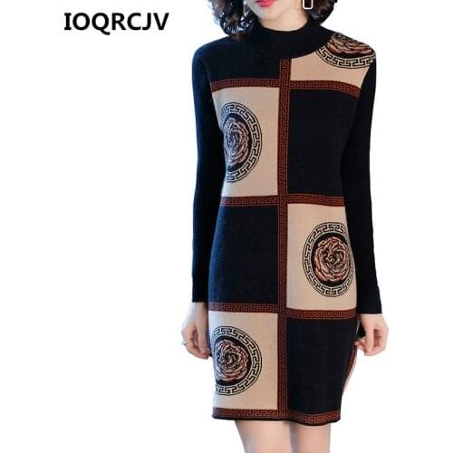 Woman Elegant Autumn Winter Print Turtleneck Sweater Dress Solid Women Long Knitted Dress Sweater Long-sleeved Robe Femme L160