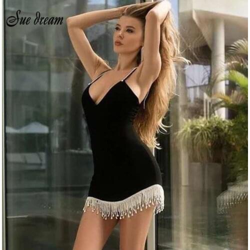 2021 New Womens Black Sexy Spaghetti Strap V-Neck Tassel Diamond Bandage Dress Bodycon Club Celebrity Runway Party Mini Dress