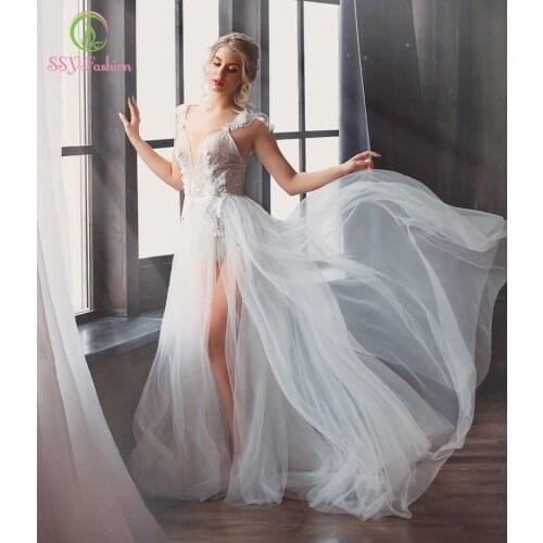 SSYFashion New White Lace Evening Dress Sexy Deep V-neck Backless Lllusion Appliques Long Formal Prom Gown Vestido De Noiva