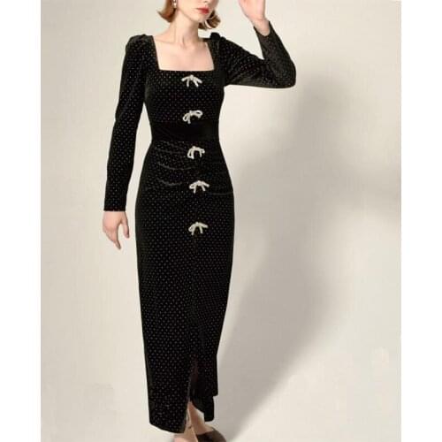 Vintage Runway Luxury Women Slim Elegant Black Velvet Dress Diamond Butterfly Elegant Square Collar Party Clothes 2020 New