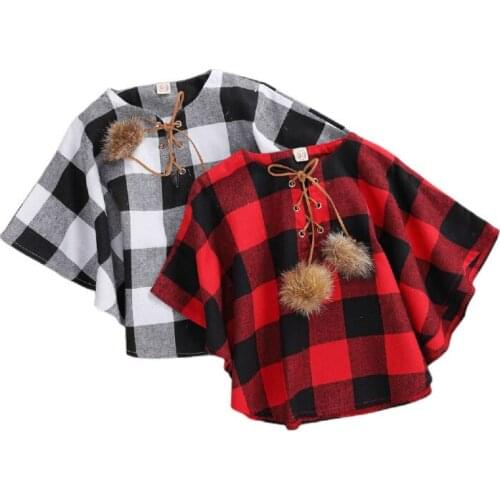 2020 Fashion Kids Baby Girl Batwing Sleeve Fur Ball Plaid Cloak Jacket Autumn Winter Clothes