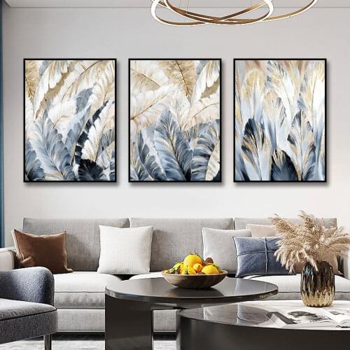 Abstract Grey Feather Painting Canvas Print Wall Art Posters Nordic Golden Canvas Art for Living Room Home Wall Decoration