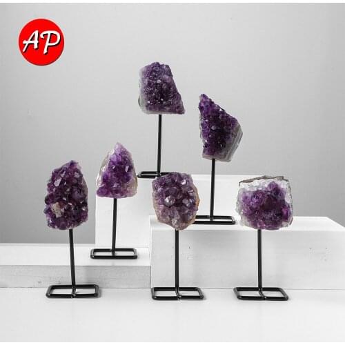 1PC Natural Amethyst Cluster Purple Quartz Healing Stone Feng Shui Home Decoration Crafts Amethyst Block With Bracket Ornament