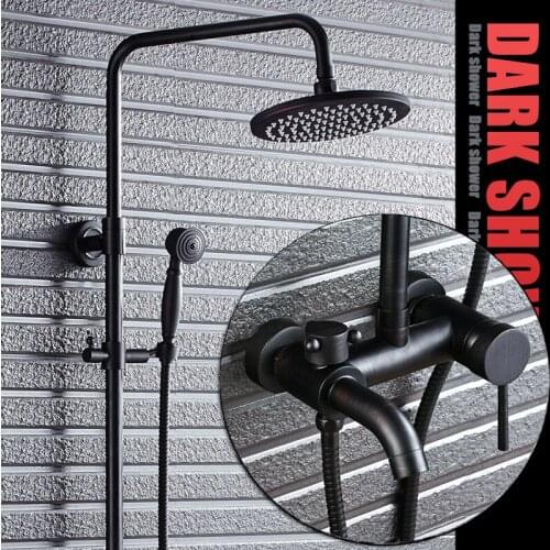 Bathroom Black Oil Paint Solid Brass Bathtub Shower Set Wall Mounted 8" Rainfall Shower Mixer Tap Faucet 3-functions Mixer Valve