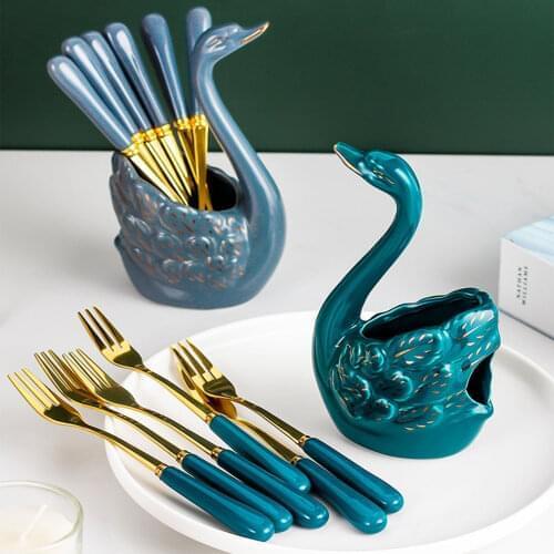 Swan Base Holder Ceramics Fruit Forks Spoons Set Salad Dessert Forks Coffee Spoon Cake Tableware Swan Shape Flatware