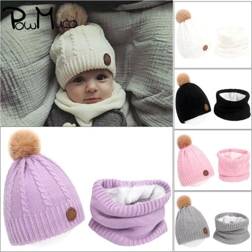 Powmuco Childrens Fashion Furball Hat and Scarf Two Piece Set Solid Color Knitting Wool Cap Newborn Bonnet Kid Hair Accessories