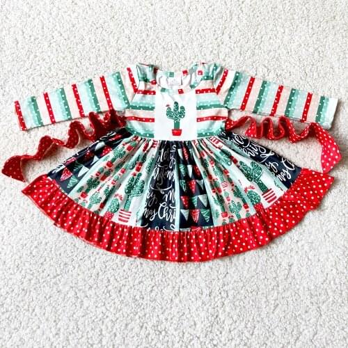 Fashion Mordern Design Children Long Sleeve Frocks Girl Dot And Stripes Twirls Dress Stitching Fabric Cactus Clothes