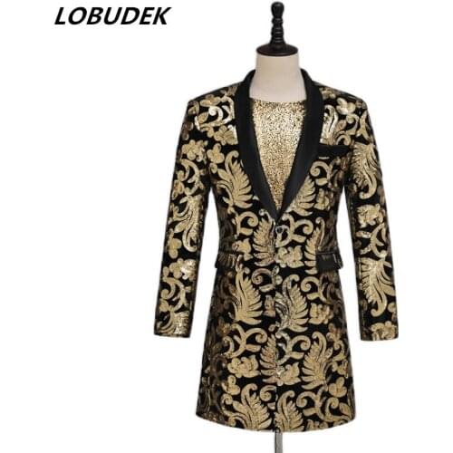 Bar Nightclub Concert Men Singer Glitter Gold Long Coat Suit Jackets Magician Host Stage Performance Blazer Plus Size S-3XL