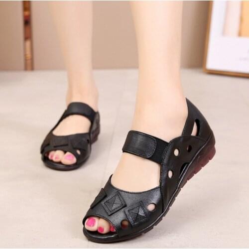 Summer Womens Sandals Genuine Leather Handmade Women Low Heel Sandals soft bottom casual non-slip flat shoes Mother Shoes