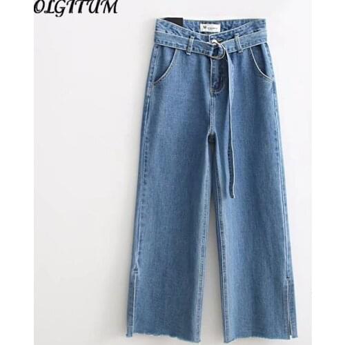 Hot Sale 2019 fashion ladies high waist nine points jeans high quality loose jeans straight leg pants send belt