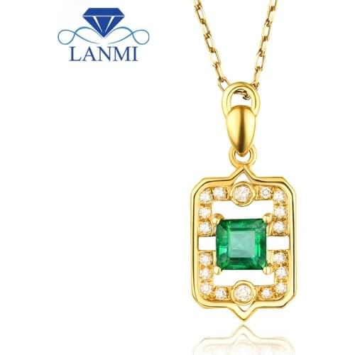 Natural Colombia Green Emerald Pendant Necklace Loving Diamond Jewelry Real Solid 18Kt Yellow Gold for Mother Thanksgiving Gift