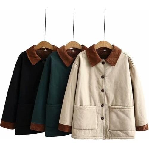 New Winter Short Cotton Padded Vintage Big Pocket Jacket Plus Size Loose Casual Workwear Coat Padded College Style Jacket