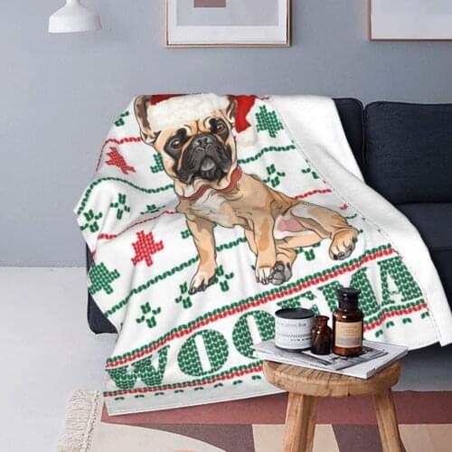 French Bulldog Ugly Christmas Sweater Dog Blankets Flannel Printed Multi-function Warm Throw Blankets for Sofa Couch Bedspreads