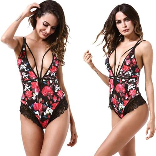 Sexy jumpsuit Floral Print bodysuit Backless body suits for women Deep V neck Lingeries ropa de mujer Sleeveless Short Panty Hot