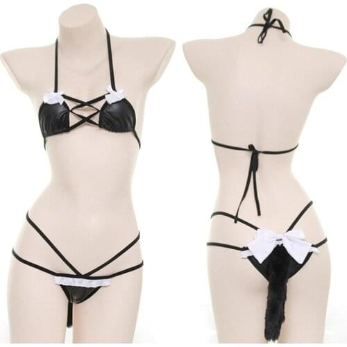 Sexy Cute Anime Cosplay Bunny Girl Fox Tail Halloween Costume For Women Adult Kawaii Lingerie Maid Outfit Micro Bikini Bra Panty