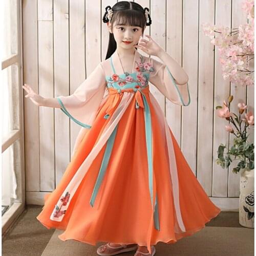 Ancient Chinese Traditional Costume Hanfu Big Child Summer Spring Cute Loose Embroidery Girl Fairy Dresses Party Stage Dress