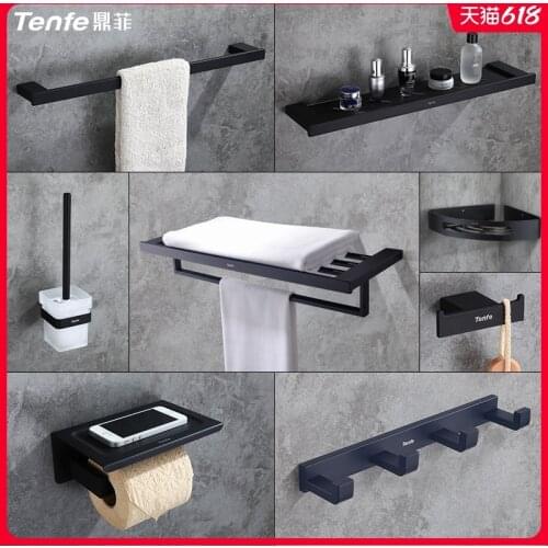 TENFE Bathroom Towel Rack Rack Bathroom Rack Black Towel Rack Perforated Stainless Steel Hardware Pendant