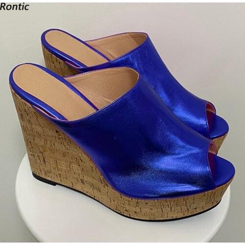 Rontic New Arrival Women Mules Sandals Slippers Unisex Wedges Heels Open Toe Gorgeous Fuchsia Blue Party Shoes US Size 5-20