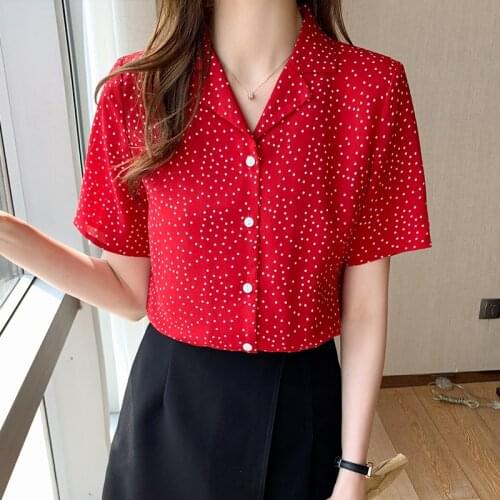 2021 Womens Tops and Blouses Summer Polka-dot Short-sleeved Shirt Female Loose Casual Shirt Chiffon Button White Harajuku 0593