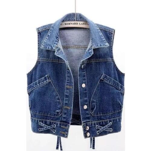 Denim Vest Womens Spring Autumn 2021 New Korean The Wild Bandage Denim Vest Womens Waistcoat Jacket Slim Cardigan Short Button