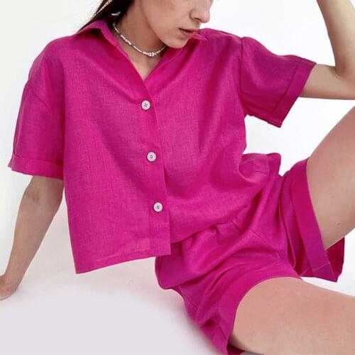 Solid Cotton Linen Two Piece Short Sleeve Shirt Suit Pink Women Summer Shorts Set 2 Pcs Casual Home Wear Outfits Female