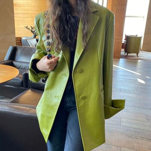 Korean Loose Single-breasted Lapel Long-sleeve Faux Leather Blazer Coat Women New Fashion Casual 2021 Spring Autumn Ladies Coats