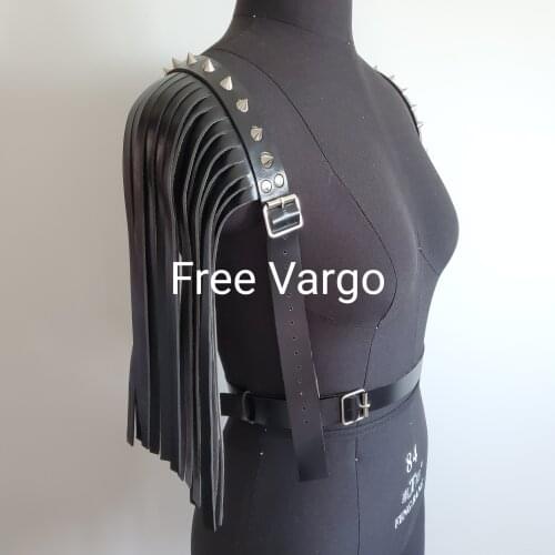 Burning Man Rave Festival Belt Epaulettes Fringed PU Leather Shoulder Harness Strap Tassel Faux Leather Festival Cage Harness
